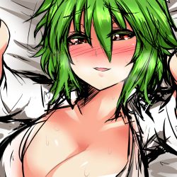 Rule 34 | 1girl, blush, breasts, breath, cleavage, dress shirt, face, female focus, green hair, kazami yuuka, large breasts, lying, on back, open clothes, open shirt, outstretched arms, pov, red eyes, roki (hirokix), shirt, short hair, sketch, smile, solo, sweat, touhou