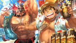 Rule 34 | 2boys, abs, andvari (housamo), bara, bare pectorals, dwarf, embers, fai (fai-storage), flexing, glowing, glowing eyes, hawaiian shirt, helmet, holding floatie, large pectorals, male focus, multiple boys, muscular, muscular male, official art, one eye closed, pectorals, pointy ears, shirt, sideburns, surtr (housamo), swimsuit, thick chest hair, thick eyebrows, tokyo houkago summoners