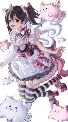 Rule 34 | 1girl, absurdres, asymmetrical sleeves, black hair, black thighhighs, bow, dress, frilled dress, frilled sleeves, frills, high heels, highres, huge bow, long sleeves, looking at viewer, love live!, love live! school idol project, medium hair, mismatched sleeves, open mouth, pink bow, pink footwear, red eyes, short sleeves, solo, striped clothes, striped thighhighs, thighhighs, twintails, white background, white thighhighs, wings, yazawa nico, zen.nico
