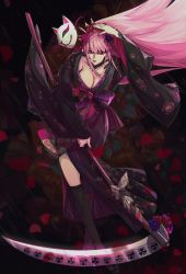 1girl, absurdres, alternate costume, black background, black kimono, black legwear, bow, breasts, cleavage, fingernails, floral print, flower, fox mask, hair flower, hair ornament, hand to head, highres, holding, holding scythe, hololive, hololive english, japanese clothes, kamuify, kimono, large breasts, long hair, looking at viewer, mask, mori calliope, nail polish, off with their heads, ofuda, parted lips, petals, pink hair, red eyes, red nails, rose petals, scythe, sidelocks, solo, thighhighs, very long hair, virtual youtuber, wide sleeves