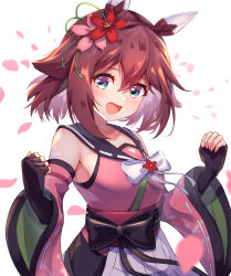 Rule 34 | 1girl, animal ears, armpits, blue eyes, blush, breasts, brown hair, clenched hands, collarbone, commentary request, detached sleeves, flower, hair between eyes, hair flower, hair ornament, highres, horse ears, horse girl, lips, looking at viewer, medium breasts, medium hair, meyamu, open mouth, petals, sakura chiyono o (umamusume), simple background, solo, umamusume, white background