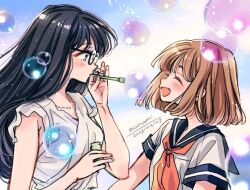 Rule 34 | 2girls, :d, artist name, black-framed eyewear, black hair, blue sailor collar, blush, breasts, bubble, blowing bubbles, bubble pipe, closed eyes, commentary request, dated, facing another, from side, glasses, gradient background, hand up, himawari-san, himawari-san (character), holding, kazamatsuri matsuri, light brown hair, long hair, looking at another, medium breasts, multiple girls, neckerchief, open mouth, purple eyes, red neckerchief, sailor collar, school uniform, serafuku, shirt, short hair, short sleeves, sideways mouth, signature, simple background, sketch, smile, soap bubbles, sugano manami, upper body, white shirt