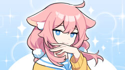 Rule 34 | 1girl, animal ear fluff, animal ears, cardigan, closed mouth, fox ears, highres, looking at viewer, low twintails, original, pink hair, sailor collar, smile, solo, sparkle background, twintails, white sailor collar, xiao hutu, xiaohutu, yellow cardigan