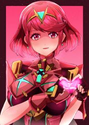 Rule 34 | 1girl, absurdres, armor, black gloves, bob cut, breasts, chest jewel, drop earrings, earrings, fingerless gloves, gloves, heart, heart hands, heart in heart hands, highres, impossible clothes, jewelry, large breasts, pyra (xenoblade), red eyes, red hair, short hair, short sleeves, shoulder armor, skindentation, solo, swept bangs, tiara, to (tototo tk), upper body, xenoblade chronicles (series), xenoblade chronicles 2