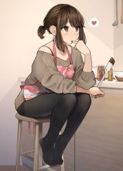 Rule 34 | 1girl, apron, bar stool, beige sweater, black pantyhose, blush, bottle, bra strap, brown eyes, brown hair, chocolate making, chocolate on hand, commentary, counter, douki-chan (douki-chan), dress, finger to mouth, food on hand, full body, ganbare douki-chan, heart, highres, holding, holding spatula, indoors, kitchen, ladle, legs together, long hair, looking away, mixing bowl, no pants, no shoes, off-shoulder shirt, off-shoulder sweater, off shoulder, pantyhose, shirt, short hair, short ponytail, sidelocks, sitting, solo, spatula, spoken heart, stool, sweater, sweater dress, tasting, yomu (sgt epper)