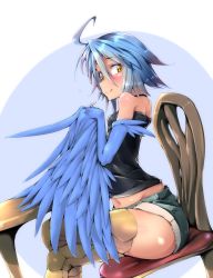 Rule 34 | 10s, 1girl, :p, ahoge, blue hair, blue wings, chair, crossed legs, feathered wings, harpy, highres, monster girl, monster musume no iru nichijou, navel, papi (monster musume), scales, shiny skin, short shorts, shorts, sitting, smile, solo, table, tongue, tongue out, uno ryoku, winged arms, wings, yellow eyes