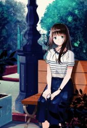 Rule 34 | 1girl, bad id, bad pixiv id, bench, blue skirt, blunt bangs, blurry, branch, brown hair, bush, closed mouth, collarbone, day, depth of field, gate, green eyes, hands on lap, head tilt, highres, holding, holding phone, jewelry, lamppost, light particles, long hair, long skirt, looking at viewer, necklace, original, outdoors, phone, pleated skirt, ring, saka (akurisoh), shirt, shirt tucked in, short sleeves, sitting, skirt, solo, striped clothes, striped shirt, watch, white shirt, wristwatch