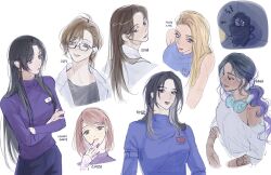 Rule 34 | 6+girls, american flag, black hair, blonde hair, blue eyes, blue shirt, breasts, brown eyes, brown hair, character name, character request, closed mouth, commentary request, crossed arms, eoduun badaui deungbul-i doeeo, f novel, flashlight, glasses, grey eyes, hair ornament, hairclip, headphones, headphones around neck, highres, holding, holding flashlight, japanese flag, korean commentary, korean text, long hair, long sleeves, looking at viewer, medium breasts, multiple girls, parted lips, people&#039;s republic of china flag, pink nails, purple hair, purple shirt, shirt, short hair, simple background, single bare shoulder, smile, upper body, white background, white shirt, yu geum-i
