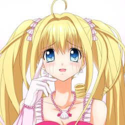 Rule 34 | 00s, blonde hair, blue eyes, earrings, highres, idol, jewelry, long hair, mermaid melody pichi pichi pitch, miru, nanami lucia, necklace, shell, shell earrings, solo, tears, twintails