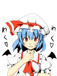 Rule 34 | 1girl, akatsubon, blue hair, female focus, hand on own chin, hat, kemomiti, red eyes, remilia scarlet, simple background, solo, touhou, upper body, white background, wings