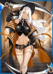 Rule 34 | 1girl, aqua eyes, armpits, bare shoulders, belt, black jacket, black shorts, breasts, card (medium), hat, holding, holding weapon, indoors, jacket, large breasts, long hair, looking to the side, namyo, official art, pointy ears, scythe, shinkai no valkyrie, shirt, short shorts, shorts, sleeveless, sleeveless shirt, stomach, thighhighs, weapon, white hair