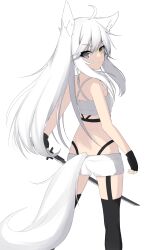 Rule 34 | 1girl, absurdres, ahoge, animal ear fluff, animal ears, ass, bare shoulders, black gloves, black panties, black thighhighs, breasts, closed mouth, commentary request, fingerless gloves, fox ears, fox girl, fox tail, from behind, full body, garter straps, gloves, grey eyes, heterochromia, highleg, highleg panties, highres, holding, holding sword, holding weapon, katana, kuronagi (mitora uwu), looking at viewer, looking back, original, panties, short shorts, shorts, simple background, small breasts, solo, sword, tail, thighhighs, underwear, weapon, white background, white hair, white shorts, yellow eyes