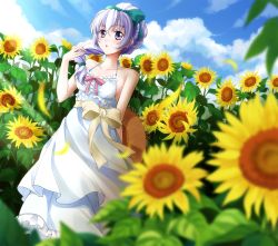 Rule 34 | 1girl, adjusting hair, arm behind back, bare shoulders, blue sky, bow, braid, cloud, collarbone, day, dress, dutch angle, flower, frills, full metal panic!, hair bow, hat, highres, long hair, outdoors, parted lips, purple eyes, qiuzhi huiyi, sash, silver hair, sky, solo, standing, sun hat, sundress, sunflower, teletha testarossa