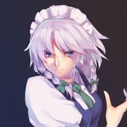Rule 34 | &gt;:), 1girl, blue eyes, bow, braid, closed mouth, green bow, green necktie, hair bow, izayoi sakuya, kaiza (rider000), looking at viewer, maid, maid headdress, necktie, silver hair, smile, solo, touhou, twin braids, upper body, v-shaped eyebrows