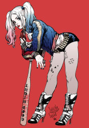 Rule 34 | 1girl, baseball bat, batman (series), bent over, boots, colored tips, dc comics, dccu, full body, harley quinn, high heel boots, high heels, jacket, jewelry, kamome shirahama, lipstick, looking at viewer, makeup, multicolored hair, nail polish, ring, short shorts, shorts, solo, suicide squad, tattoo, twintails