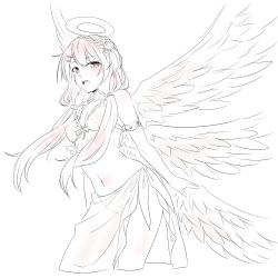 Rule 34 | 1girl, angel wings, armlet, bikini, braid, breasts, cropped legs, crown braid, feathered wings, frilled bikini, frills, front-tie bikini top, front-tie top, hair ornament, hairclip, halo, lineart, long hair, looking at viewer, low twintails, multiple wings, navel, open mouth, ryuusei (ryuuseiseikou), sarong, simple background, small breasts, smile, solo, swimsuit, teeth, twintails, vocaloid, voiceroid, wings, yagi (ningen), yuzuki yukari