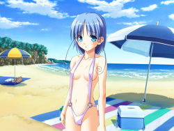 Rule 34 | 1girl, :o, ahoge, aqua eyes, back, bag, beach, beach towel, beach umbrella, blanket, blue eyes, blue hair, blush, breasts, cameltoe, chu x chu idol, cliff, cloud, cooler, covered erect nipples, cowboy shot, curly hair, day, embarrassed, game cg, hiyori pixie, looking at viewer, matching hair/eyes, navel, o-ring, o-ring bottom, o-ring swimsuit, ocean, one-piece swimsuit, open mouth, outdoors, ozawa akifumi, parted bangs, shade, short hair, sideboob, sidelocks, sky, slingshot swimsuit, small breasts, solo, standing, striped, swimsuit, tachi-e, thigh gap, towel, umbrella, water, white one-piece swimsuit