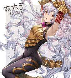 Rule 34 | 1girl, armor, armpits, arms up, black bodysuit, bodysuit, breastplate, commission, covered navel, elbow gloves, gauntlets, gloves, granblue fantasy, hair between eyes, headpiece, ivris, long hair, looking at viewer, medusa (shingeki no bahamut), open mouth, red eyes, red gloves, shingeki no bahamut, silver hair, simple background, solo, tail, very long hair