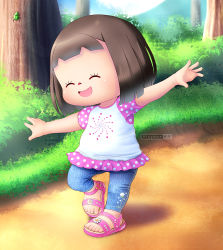 Rule 34 | 1girl, alcyone (cyclone gx), artist name, black hair, bug, child, animal crossing, closed eyes, flat chest, full body, highres, multicolored shirt, nintendo, open mouth, outdoors, outstretched arms, pants, plant, pleated skirt, polka dot, polka dot shirt, sandals, shirt, short sleeves, skirt, solo, spread arms, tree, villager (animal crossing)
