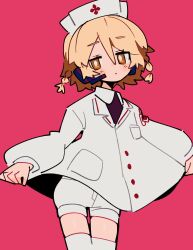 Rule 34 | 1girl, :&lt;, adpx, black shirt, blonde hair, braid, bright pupils, brown eyes, buttons, clothes lift, coat, collared shirt, contrapposto, cowboy shot, cross, hair between eyes, hat, head tilt, headset, highres, jitome, light blush, long sleeves, looking at viewer, microphone, nurse, nurse cap, nurse robot type t, pink background, pink theme, puffy long sleeves, puffy sleeves, raised eyebrows, red cross, shirt, shirt lift, short hair, short shorts, shorts, side braids, simple background, solo, thigh gap, thighhighs, utau, white coat, white pupils, white shorts, white thighhighs, zettai ryouiki