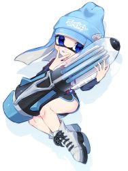 Rule 34 | 1girl, :p, ballpoint splatling (splatoon), bazumi, beanie, black shorts, blue eyes, blue hair, blue hat, blue shirt, blue tongue, blunt bangs, blunt ends, boots, closed mouth, colored tongue, dolphin shorts, fang, floating, full body, hat, highres, holding, holding weapon, inkling, inkling girl, inkling player character, layered sleeves, licking lips, logo, long hair, long sleeves, looking at viewer, nintendo, pointy ears, purple shirt, shadow, shirt, short over long sleeves, short shorts, short sleeves, shorts, simple background, skin fang, smile, solo, splatoon (series), splatoon 2, straight-laced footwear, tentacle hair, tongue, tongue out, v, weapon, white background, white footwear
