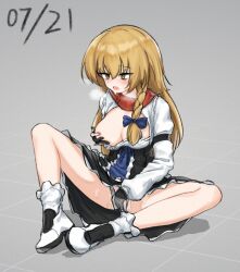 Rule 34 | 1girl, black dress, black gloves, blonde hair, blue bow, blush, bow, breasts, breath, cleavage, cleavage cutout, clothed masturbation, clothing cutout, commentary request, cookie (touhou), crotch rub, dated, dress, female masturbation, fingering, full body, gloves, grabbing own breast, grey background, hair bow, hand in panties, kirisame marisa, large breasts, long hair, long sleeves, looking afar, mars (cookie), masturbation, masturbation through clothes, open mouth, panties, partially fingerless gloves, pussy juice, red scarf, scarf, shirt, shoes, sitting, socks, solo, spread legs, touhou, traveler hxy, underwear, white background, white shirt, white socks