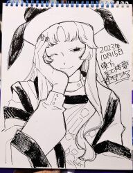 Rule 34 | absurdres, buttons, collared shirt, constellation, constellation print, dated, detached sleeves, hand on own face, hat, highres, long hair, long sleeves, looking down, matara okina, nail polish, one eye closed, photo (medium), shirt, signature, sketch, smile, tabard, touhou, traditional media, translation request, whoru, wide sleeves