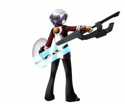 Rule 34 | androgynous, energy sword, energy weapon, from behind, gender request, huge weapon, naginami, pants, phantasy star, phantasy star portable 2, phantasy star portable 2 infinity, shield, short hair, simple background, solo, standing, sword, weapon, white background