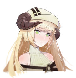 Rule 34 | 1girl, absurdres, arknights, bare shoulders, blunt bangs, blush, closed mouth, clothing cutout, collarbone, cropped torso, green eyes, hat, highres, horns, long hair, looking at viewer, nightingale (arknights), shoulder cutout, simple background, smile, solo, upper body, wei sa, white background, white hat