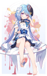 Rule 34 | barefoot, blue hair, brush, dress, feet, gou lianlian dogface, griseo, griseo (starry impression), hair ornament, highres, holding, holding brush, honkai (series), honkai impact 3rd, looking at viewer, paint splatter, palette (object), purple eyes, simple background, soles, toes, white background, white dress