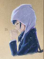 Rule 34 | 1girl, 2020, absurdres, amano hina (tenki no ko), blue hair, blue jacket, closed eyes, colored pencil (medium), cropped torso, dated, from side, highres, hood, hood up, hooded sweater, jacket, long hair, long sleeves, own hands clasped, own hands together, p.art, signature, solo, sweater, tenki no ko, traditional media, upper body, white sweater