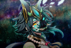 Rule 34 | 1boy, absurdres, ahoge, arm tattoo, bare shoulders, bead necklace, beads, black hair, covered mouth, diamond-shaped pupils, diamond (shape), fading, from side, genshin impact, green hair, highres, jewelry, long hair, male focus, mask, mask over one eye, multicolored hair, necklace, one eye covered, rvve, shoulder pads, shoulder spikes, sleeveless, slit pupils, solo, spikes, symbol-shaped pupils, tassel, tattoo, xiao (genshin impact), yellow eyes