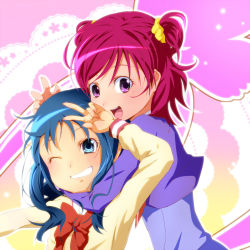 Rule 34 | 00s, 10s, 2girls, blue eyes, blue hair, bow, grin, happy, heartcatch precure!, highres, hug, hug from behind, image sample, keito (kandnext), kurumi erika, long hair, multiple girls, one eye closed, pink hair, pixiv sample, precure, purple eyes, resized, ribbon, school uniform, short hair, short twintails, smile, twintails, two side up, v, wink, yes! precure 5, yumehara nozomi