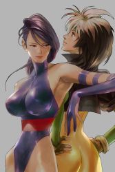 Rule 34 | 10s, 1990s (style), 2girls, armpits, ass, bengus, breasts, brown hair, cowboy shot, elbow gloves, gloves, gouda cheese, green eyes, hands on own hips, headband, jacket, large breasts, leotard, lips, long hair, looking away, marvel, midou shidou (bengus), multicolored hair, multiple girls, psylocke, purple eyes, purple hair, rogue (x-men), standing, unitard, white hair, x-men