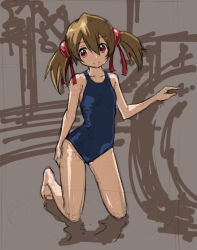 Rule 34 | 10s, 1girl, bare shoulders, blue one-piece swimsuit, blue school swimsuit, brown hair, collarbone, full body, hair ribbon, kneeling, looking at viewer, one-piece swimsuit, red eyes, ribbon, rohitsuka, school swimsuit, school uniform, silica, sketch, smile, solo, swimsuit, sword art online, twintails