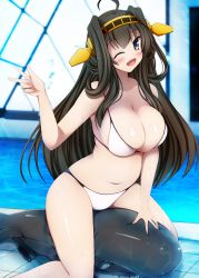 Rule 34 | 10s, 1girl, bikini, blush, breasts, brown hair, cleavage, duplicate, hairband, highres, i-class destroyer, kantai collection, kongou (kancolle), long hair, looking at viewer, navel, one eye closed, open mouth, pool, poolside, purple eyes, rei no pool, smile, solo focus, string bikini, swimsuit, v, very long hair, wink, yuzumiya mono