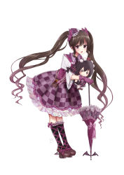 Rule 34 | 1girl, :d, absurdres, black socks, bow, brown footwear, brown hair, character doll, checkered clothes, checkered skirt, commentary request, doll, frills, gloves, hair bow, highres, himekaidou hatate, holding, holding doll, kneehighs, leaning forward, looking at viewer, necktie, open mouth, petticoat, puffy short sleeves, puffy sleeves, purple bow, purple eyes, purple gloves, purple skirt, sei ichi (shiratamamikan), shameimaru aya, shirt, shoes, short sleeves, simple background, skirt, smile, socks, solo, touhou, twintails, umbrella, white background, white shirt
