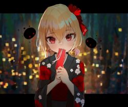 Rule 34 | 1girl, abstract background, alternate costume, blonde hair, blurry, blurry background, blush, closed mouth, commentary request, covering own mouth, darkness, floral print, flower, hair between eyes, hair bobbles, hair flower, hair ornament, hair ribbon, head tilt, holding, japanese clothes, kimono, letterboxed, light smile, long sleeves, looking at viewer, low twintails, obi, outside border, poppy (flower), red eyes, red flower, red ribbon, ribbon, rumia, sash, short hair, short twintails, sleeves past wrists, solarisu, solo, tanzaku, touhou, twintails, upper body, white flower, wide sleeves, yukata