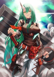 Rule 34 | 1girl, arknights, armband, belt, belt pouch, black shirt, breasts, closed mouth, commentary, cowboy shot, detached sleeves, expressionless, green eyes, green hair, hair between eyes, holding, holding shield, horns, hoshiguma (arknights), hoshiguma (ronin huntress) (arknights), katana, long hair, looking at viewer, mask, medium breasts, official alternate costume, oni mask, pants, pouch, scabbard, shakkiyi, sheath, sheathed, shield, shirt, single horn, skin-covered horns, smoke, solo, sword, turtleneck, weapon, white pants, wind