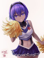 Rule 34 | 1girl, bare shoulders, blush, cheerleader, command spell, crop top, dark-skinned female, dark skin, fate/prototype, fate/prototype: fragments of blue and silver, fate (series), hairband, hassan of serenity (fate), haura akitoshi, leotard, leotard under clothes, looking at viewer, midriff, miniskirt, navel, open mouth, pom pom (cheerleading), purple eyes, purple hair, short hair, simple background, skirt, smile, solo, thigh gap, twitter username