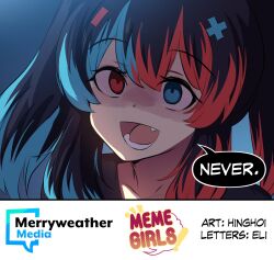 Rule 34 | 1girl, black hair, blue eyes, blue hair, collaboration, comic, empty eyes, english text, fang, hair ornament, heterochromia, highres, hinghoi, long hair, merryweather, multicolored hair, nintendo switch, nintendo switch (personification), open mouth, original, personification, product girl, red eyes, red hair, sailor collar, shaded face, shirt, speech bubble, twintails