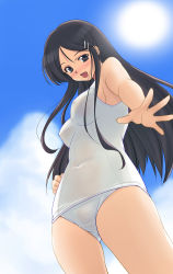 Rule 34 | 1girl, black hair, blush, breasts, brown eyes, cloud, covered erect nipples, day, from below, hair ornament, hairclip, long hair, medium breasts, nishiyama maruta, one-piece swimsuit, open mouth, outdoors, school swimsuit, see-through, sky, solo, swimsuit, wet, white school swimsuit, white one-piece swimsuit