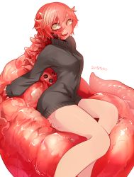 Rule 34 | 1girl, :3, blush, dated, flesh, guro, hair over one eye, highres, jacket, mado (mukade tou), meat jersey girl, monster girl, open mouth, original, red hair, short hair, simple background, smile, solo, track jacket, white background, yellow eyes