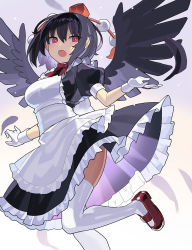 Rule 34 | 1girl, alternate costume, apron, black hair, black wings, commentary request, enmaided, falken (yutozin), feathers, gloves, gradient background, hair between eyes, hat, highres, looking at viewer, maid, maid apron, open mouth, red eyes, red footwear, red hat, shameimaru aya, short hair, solo, thighhighs, thighs, tokin hat, touhou, white gloves, white thighhighs, wings