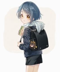 Rule 34 | 1boy, :t, aged down, artist name, backpack, bag, bag charm, black bag, black shorts, blue hair, blue jacket, blush, brown background, character charm, charm (object), closed mouth, commentary, cowboy shot, eating, ethylene ty, food, genshin impact, hand up, highres, holding, holding food, jacket, long sleeves, looking at viewer, looking back, male focus, parted bangs, randoseru, rex lapis (genshin impact), sandwich, scarf, short hair, short shorts, shorts, sidelocks, simple background, solo, sparkle, standing, swept bangs, twitter username, two-tone background, white background, white scarf, xingqiu (genshin impact), yellow eyes, zhongli (genshin impact)