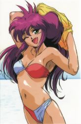 Rule 34 | 1990s (style), 1girl, armpits, arms up, bandeau, bikini, cowboy shot, fang, fugou keiji balance:unlimited, green eyes, long hair, looking at viewer, natsume atsuko, navel, official art, one eye closed, open mouth, photoshop (medium), pink hair, retro artstyle, solo, strapless, strapless bikini, swimsuit, undressing