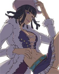 Rule 34 | 1girl, black hair, blunt bangs, coat, commentary request, cowboy shot, crop top, cross-laced clothes, cross-laced top, hand on headwear, highres, looking at viewer, medium hair, miniskirt, nico robin, nicoliarts, one piece, purple shirt, purple skirt, shirt, simple background, skirt, smile, solo, white background, white coat
