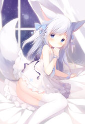 Rule 34 | 1girl, absurdres, akatsuki (ytkg5558), animal ears, ass, bed, bed sheet, blue eyes, blue hair, blush, bow, bowtie, dress, fox ears, highres, looking at viewer, night, night sky, on bed, original, ribbon, sky, star (sky), tail, thighhighs, white thighhighs, window