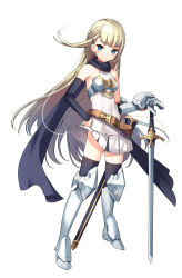 Rule 34 | 1girl, armor, armpits, bare shoulders, black scarf, black thighhighs, blonde hair, blue eyes, blush, breastplate, breasts, bridal gauntlets, closed mouth, covered navel, dress, fantasy, female knight, full body, gauntlets, greaves, hand on own hip, holding, holding sword, holding weapon, knight, long hair, looking at viewer, maoujou no chef, official art, scarf, short dress, simple background, single gauntlet, small breasts, solo, sword, thighhighs, very long hair, weapon, white background, white dress, yamacchi