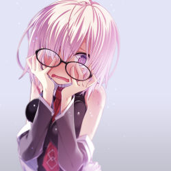 Rule 34 | 1girl, @ @, absurdres, ahoge, black-framed eyewear, black dress, blurry, blush, breasts, detached sleeves, dress, fate/grand order, fate (series), full-face blush, glasses, crooked eyewear, gradient background, grey background, hair over one eye, hands on own face, highres, looking at viewer, mash kyrielight, medium breasts, open mouth, pink hair, purple eyes, sakuya tsuitachi, short hair, simple background, sleeveless, solo, upper body